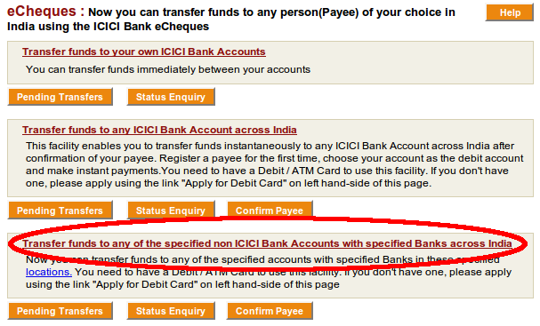 Funds transfer menu - select non-ICICI a/cs