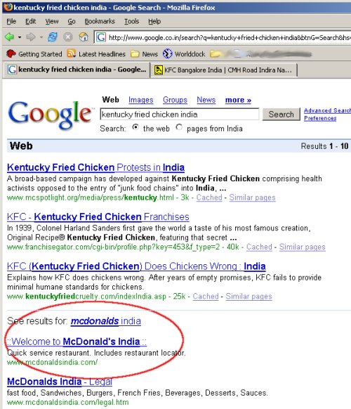 Google search for for KFC 